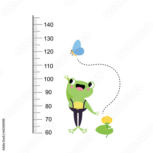 Growth Ruler with Cute Frog Animal at Kids Height Meter Vector Illustration