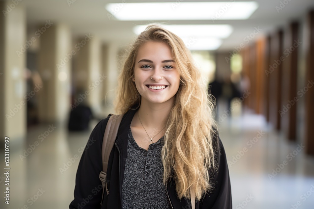 smiling blonde college student looking at camera smiling blonde college student looking at camera