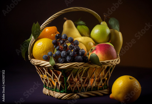 Large wicker basket with ripe fruits on a dark background. AI generated