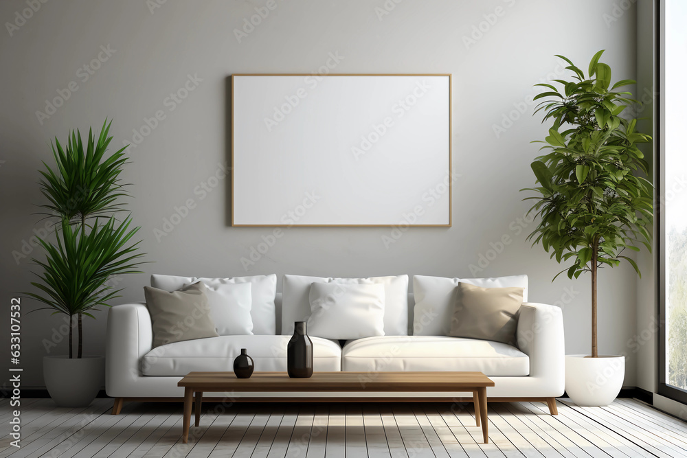 Modern living room with sofa and photo frame. Generative AI Modern living room with sofa and photo frame. Generative AI