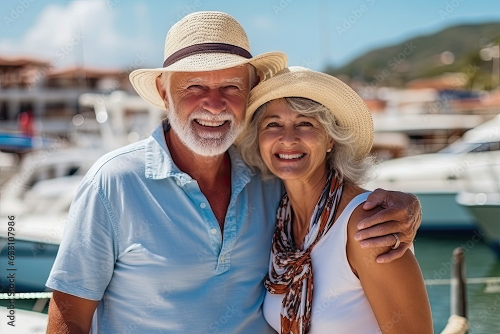 Happy retired mature senior couple on holidays, generative ai