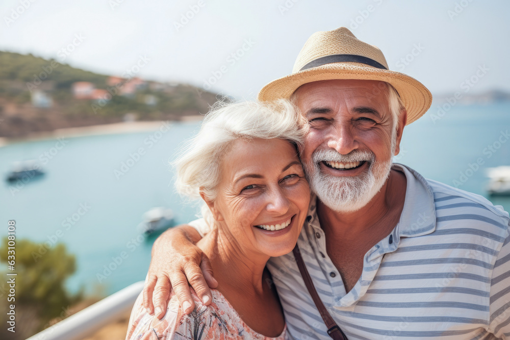 Happy retired mature senior couple on holidays, generative ai