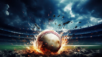 Baseball ball in fire. Mixed media.