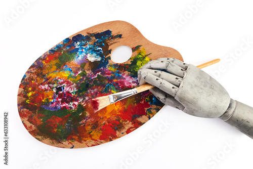 Robot hand with wooden art palette. Ai generate art concept