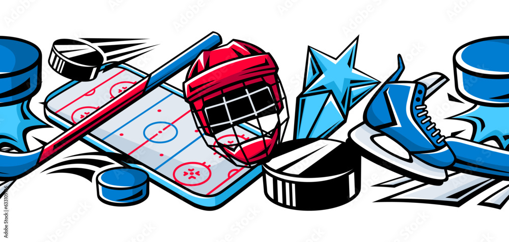 Naklejka premium Pattern with hockey items. Sport club illustration. Healthy lifestyle background.