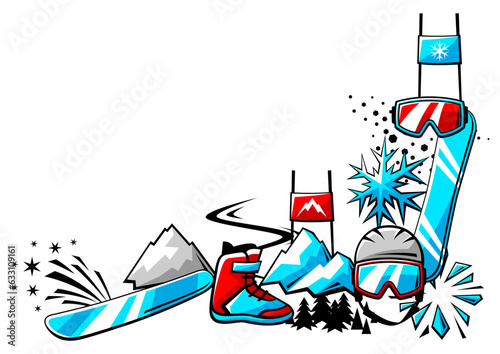 Background with snowboarding items. Winter sport illustration.