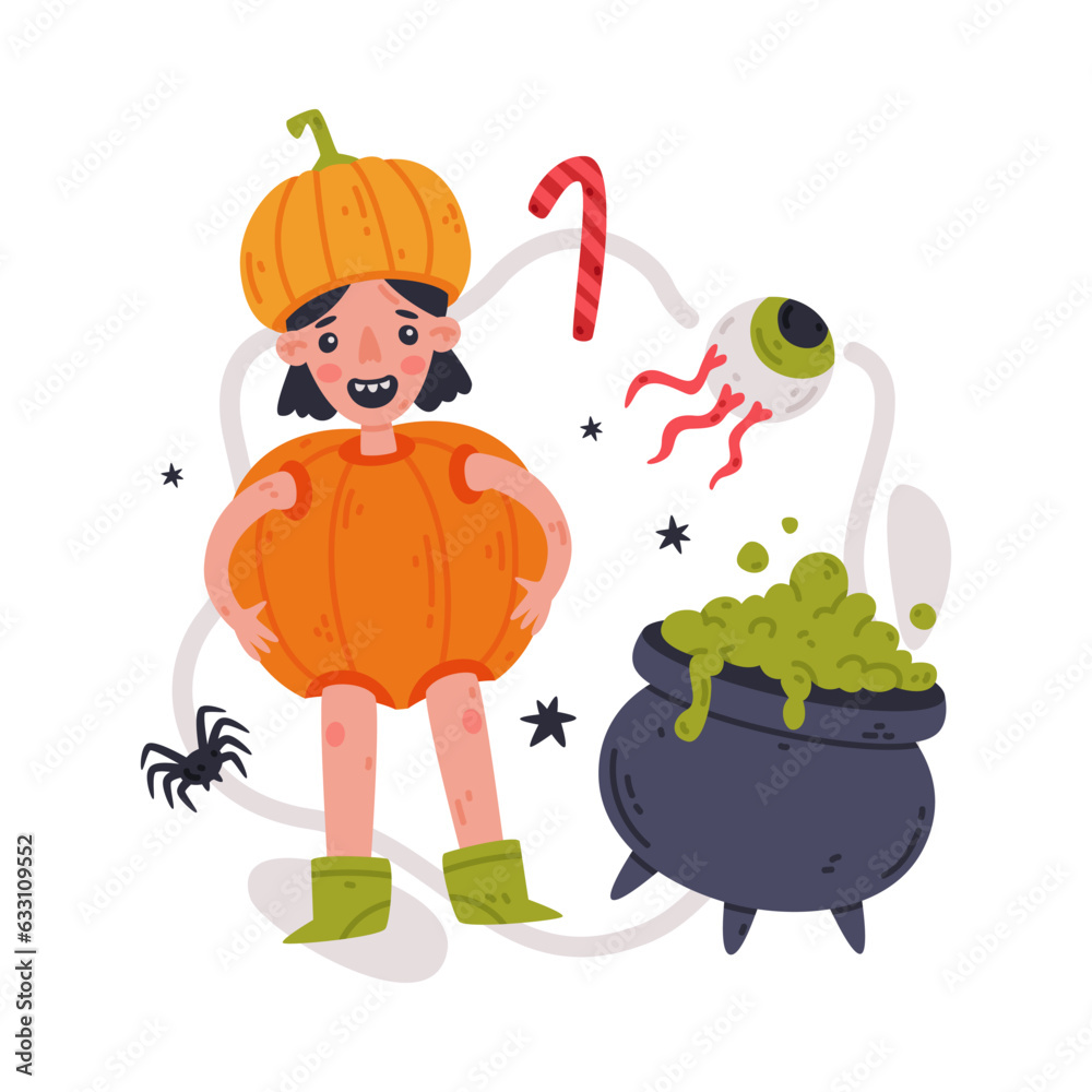 Fototapeta premium Happy Girl at Halloween Party in Pumpkin Costume with Candy and Cauldron with Potion Vector Illustration