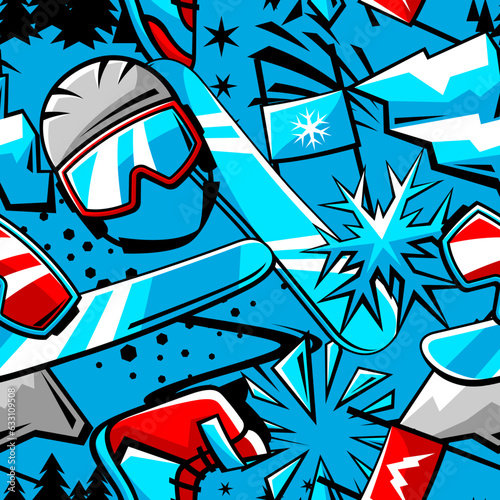 Pattern with snowboarding items. Winter sport illustration.