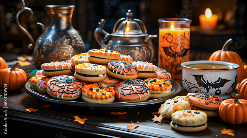 Delicious Halloween candies and cookies with colorful and chocolate decoration on a wooden table with Halloween decoration.