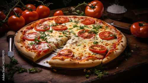 Pizza topped with tomatoes, cheese, and thyme