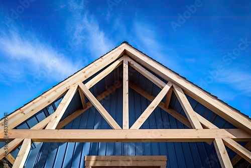 A detailed view of the roof gables of a newly constructed stick built home in Humble, Texas, USA. The sky is a vibrant blue in the background. The roof is made of wooden trusses and supported by photo