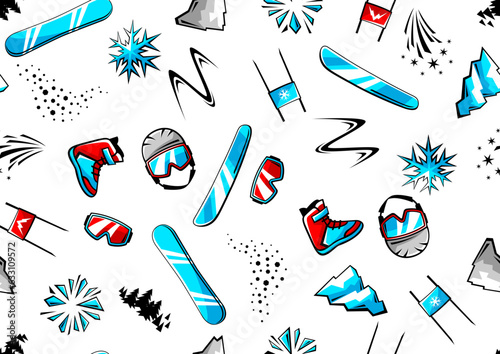 Pattern with snowboarding items. Winter sport illustration.