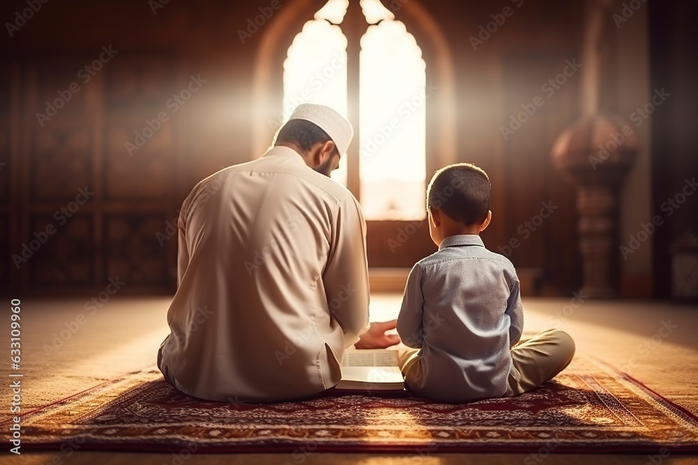 father and his son pray the koran in a mosque