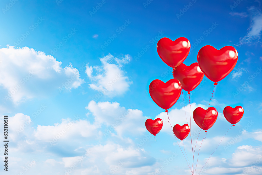 Red heart-shaped balloons against a blue sky Red heart-shaped balloons against a blue sky
