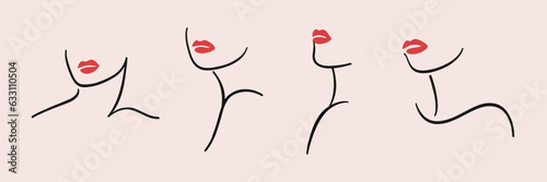 One line drawing with silhouette of neck and lips. Contour vector illustration for beauty salons, cosmetics.