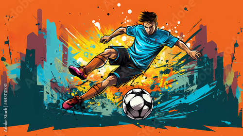 Football player kicks the ball, bright image in graffiti style.