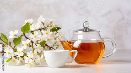 Cup of tea and teapot with spring blossom jasmine on light background