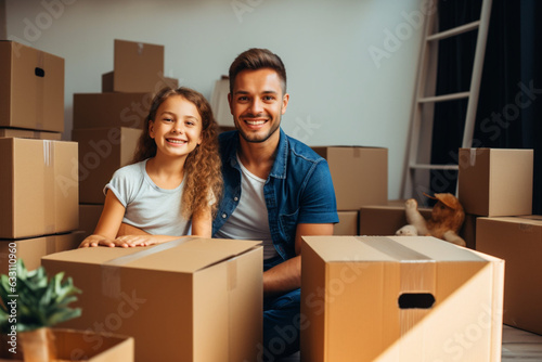 Happy family - dad and kids unpacking cardboard boxes after moving house. AI generated © tiena
