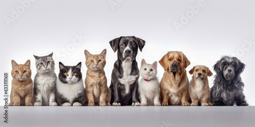 Group of dogs and cats on a white background, generative ai