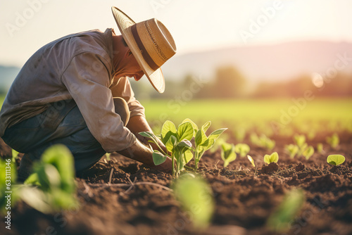 Farmer examining soybean seedlings in the field, agriculture concept