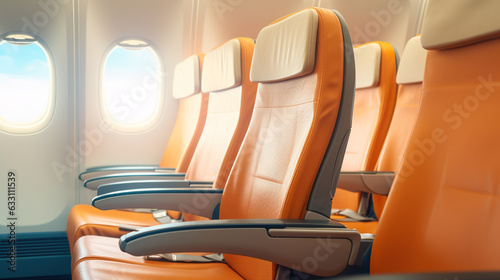 Interior of airplane with orange seats and window view on the sky
