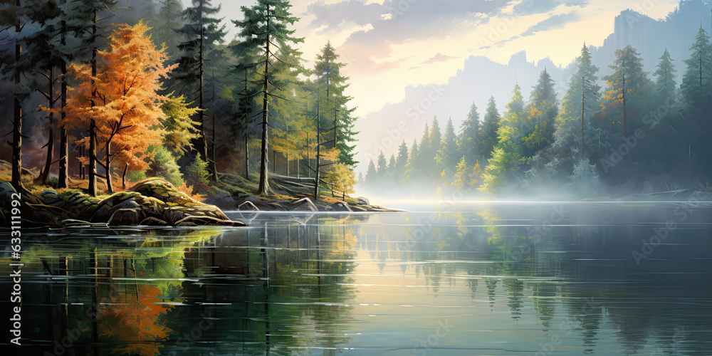 Naklejka premium Enchanting forest lakeside, tranquil reflections. The magical forest shoe of the lake. Peacefully Landscape. Generative AI