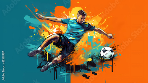 Football player kicks the ball  bright image in graffiti style.