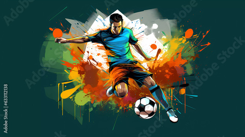 Football player kicks the ball, bright image in graffiti style.