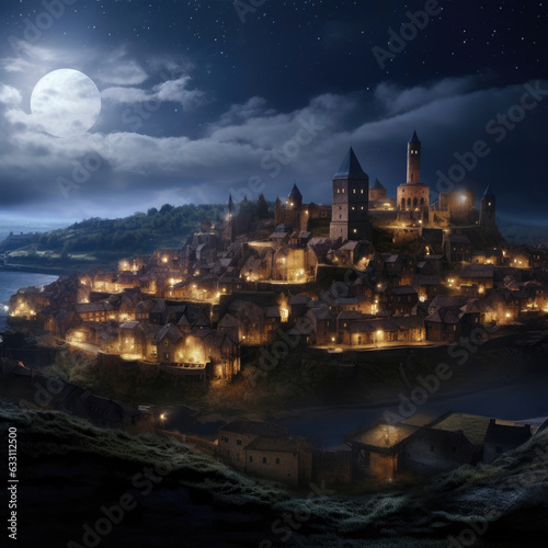 Medieval Castle and Basilica Illuminated in the Night