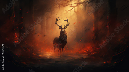 Ancient Deer Spirit in a Burning Forest as deforestation and need to protect nature made with generative AI