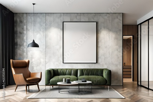 Interior poster mockup with vertical black frame in home interior background 