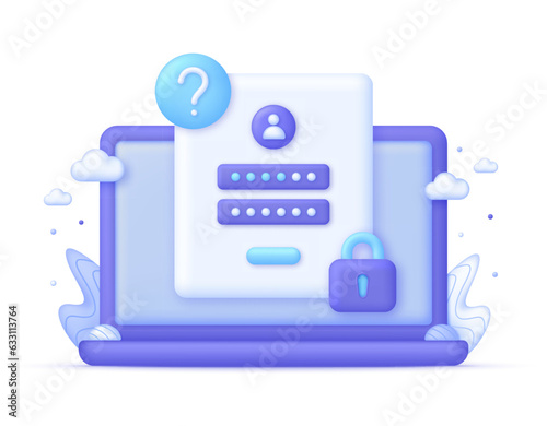 3D Forgot password illustration on Computer. Update personal data concept. Getting a new username and password.
