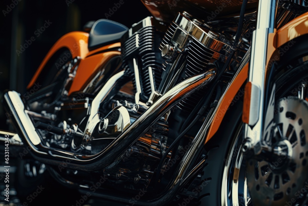Fototapeta premium Close up view of a shiny motorcycle engine, AI Generated