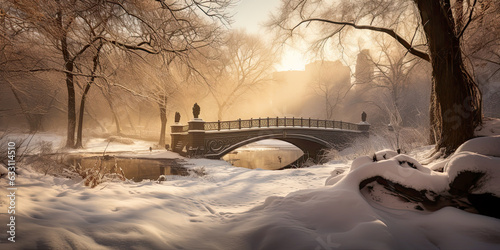 Bow Bridge in winter season, Central Park - NYC - Generative AI photo