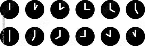 Simple Minimalist Analog Clock Symbol Icon Set Showing Every Hour. Vector Image.