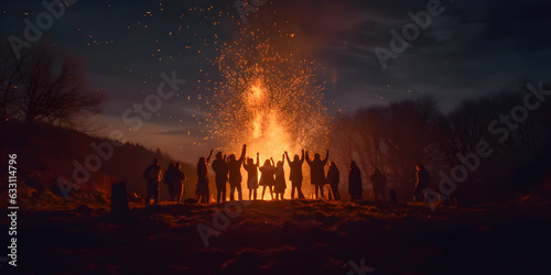 People dance around a fire in the forest