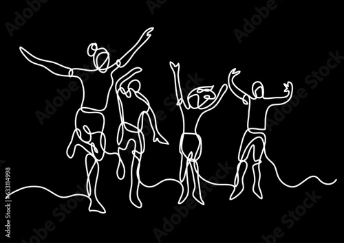 continuous line drawing vector illustration with FULLY EDITABLE STROKE of happy jumping persons as concept of happiness on black background