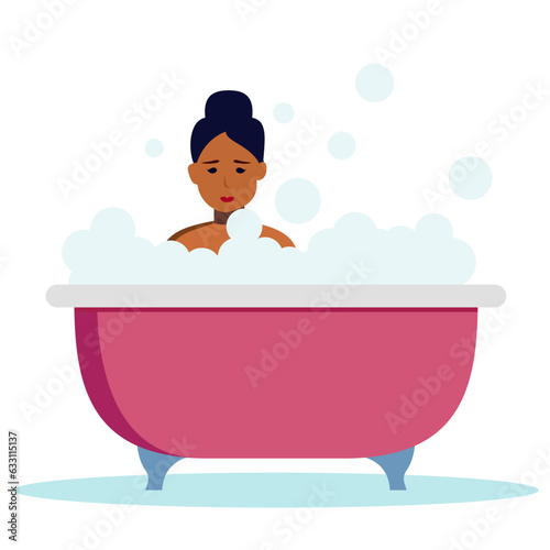 Female in a bubble bath flat style vector illustration, Woman in a bubble foam , Lady in bath tub stock vector image