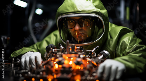 Scientist wearing protective hazmat suit, preparing a machine for research.