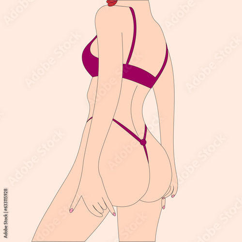 illustration girl in lingerie beautiful sexy lingerie print bright color background sketch black white lines body nude hips bikini
