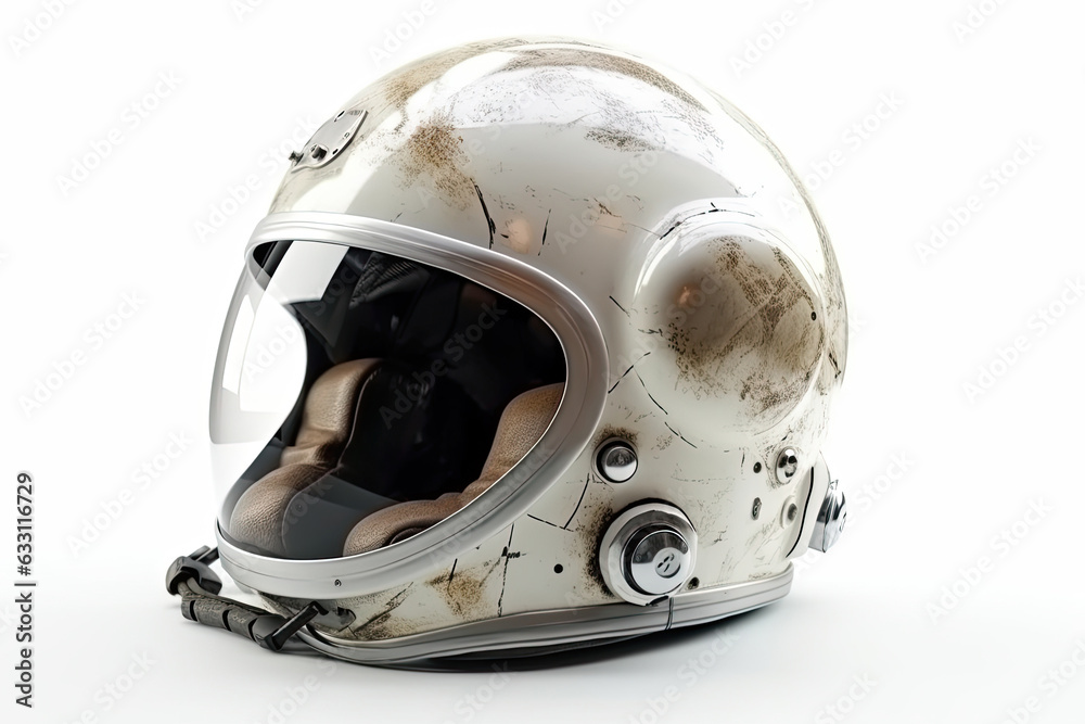Fototapeta premium Old worn astronaut helmet isolated on white background.
