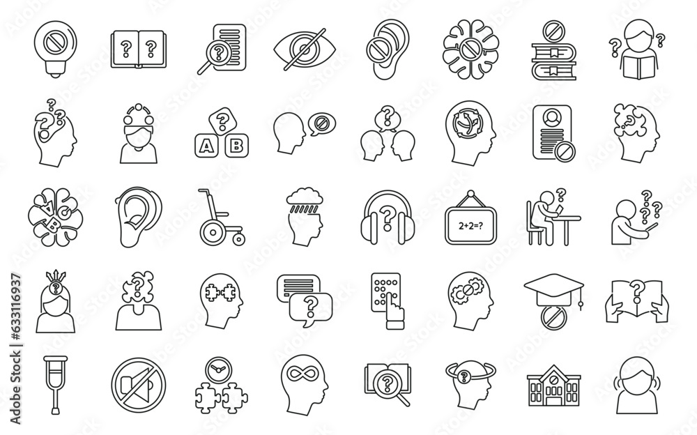 Learning disability icons set outline vector. Education insclusive. School test - obrazy, fototapety, plakaty 