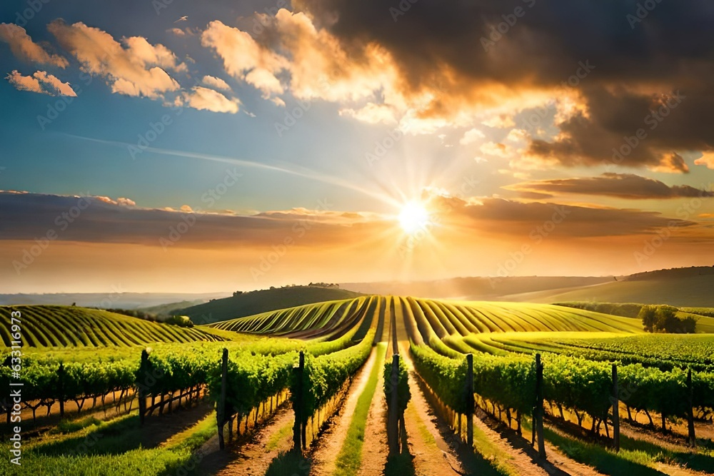 vineyard in sunset