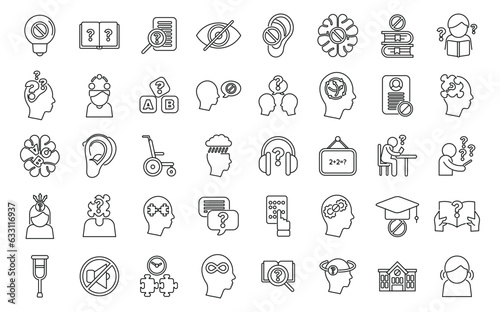 Learning disability icons set outline vector. Education insclusive. School test