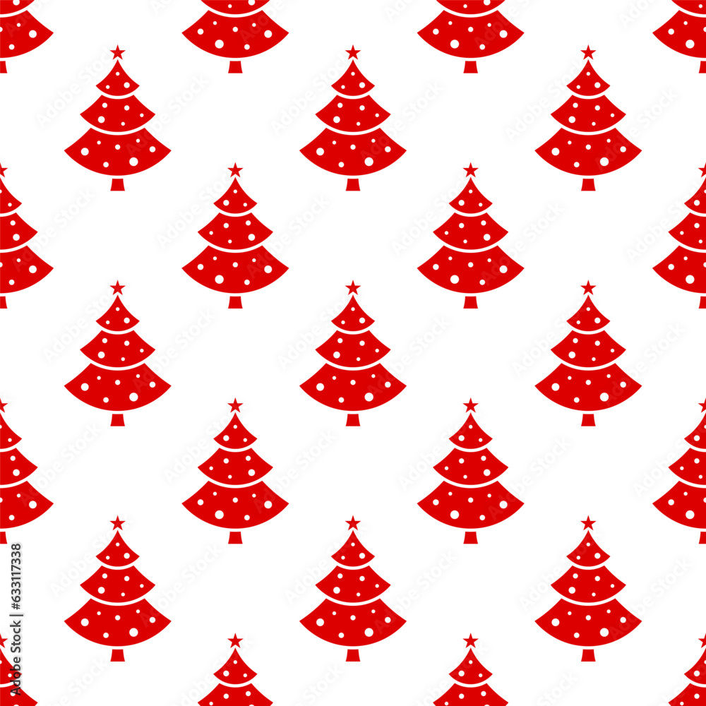Small red Christmas trees isolated on white background. Cute monochrome seamless pattern. Vector simple flat graphic illustration. Texture.