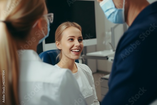 dentist and a woman check the smile after cleaning the teeth