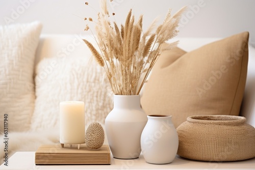 This is a contemporary interior design featuring a wooden table with various decorative items. These items include a white ceramic vase filled with dry spikelets, a golden photo frame adorned with