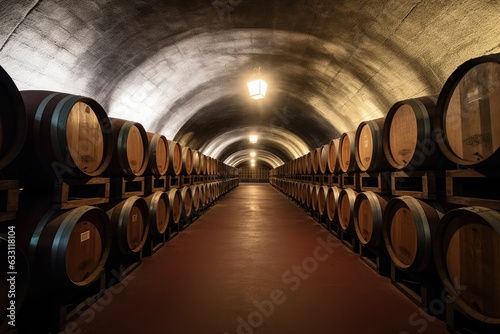 Dark cellar with oak barrels, maturation of wine. Generative ai.