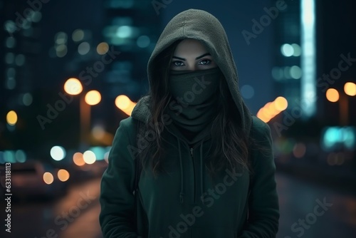 scared and worried woman walking in the city at night