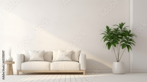 White modern room with sofa, plant and wall space. Scandinavian interior design created with Generative AI © mg photo